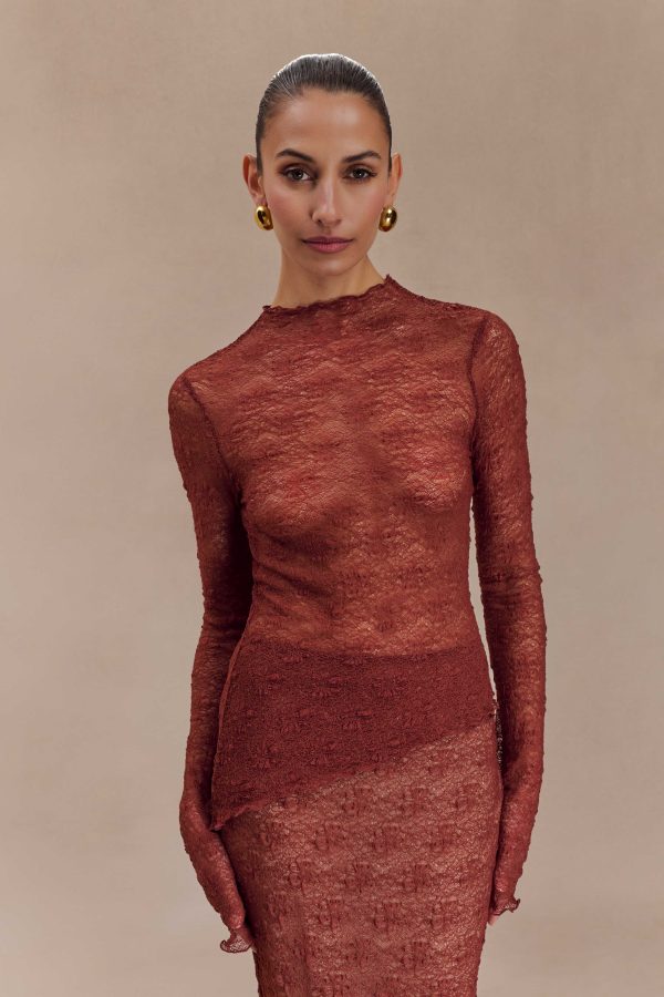 Riley Sheer Lace Long Sleeve Top - Chilli Cheap