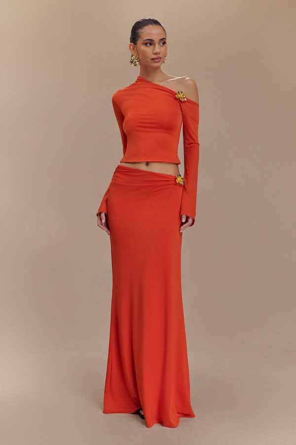 Ainsley Asymmetrical Long Sleeve Top With Floral Hardware - Burnt Orange Online now - Image 3
