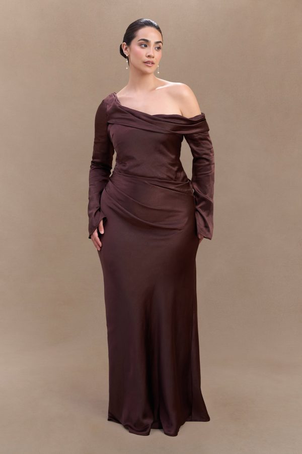 Iris Long Sleeve Satin Maxi Dress - Dark Chocolate Hot on Sale - Image 4