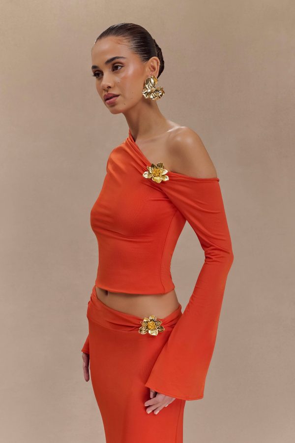 Ainsley Asymmetrical Long Sleeve Top With Floral Hardware - Burnt Orange Online now - Image 4