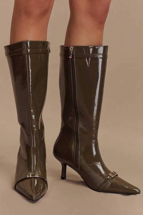 Astra Patent Faux Leather Buckle Boot - Khaki Cheap - Image 4