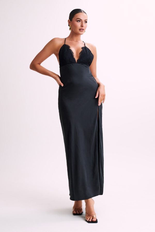 Gina Satin Slip Maxi Dress With Lace - Black Sale - Image 5