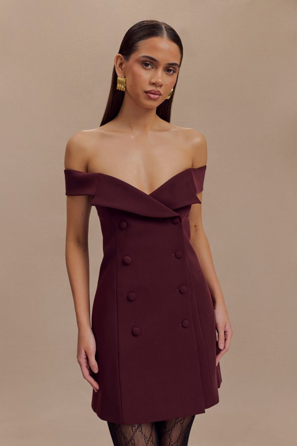Noelle Off Shoulder Suiting Mini Dress - Mahogany For Sale