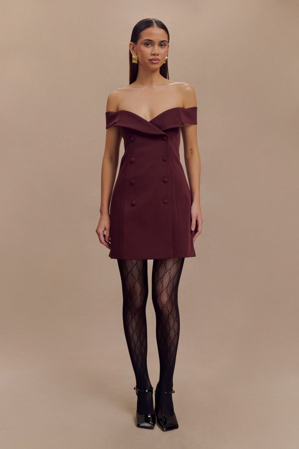 Noelle Off Shoulder Suiting Mini Dress - Mahogany For Sale - Image 4
